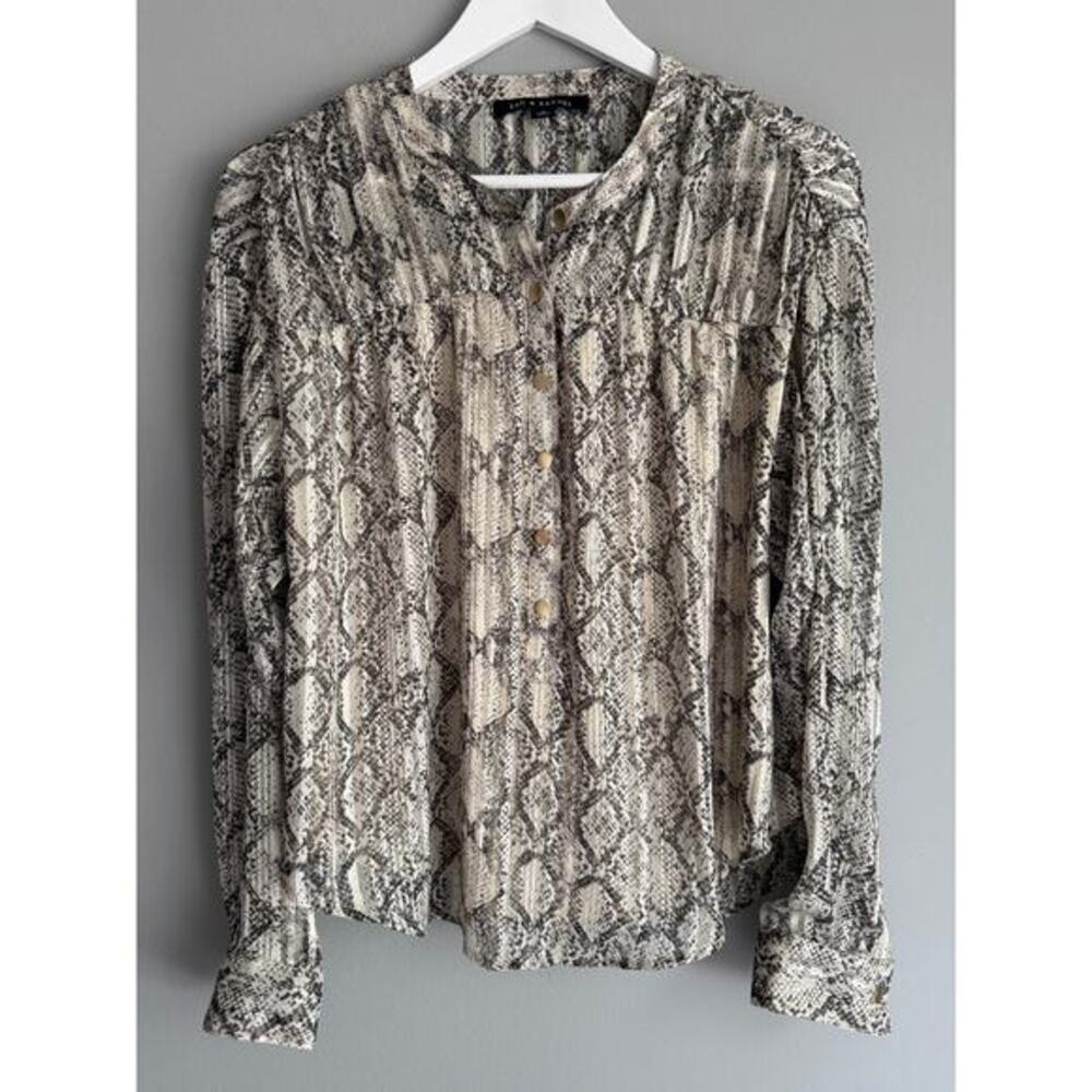 Zac & Rachel Women's M Snake Print Blouse Puff Sleeve Gold Snap Polyester Y2K